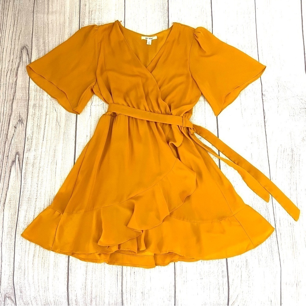 MIAMI Women’s Faux Wrap Dress With Ruffles Golden Yellow Size Large
